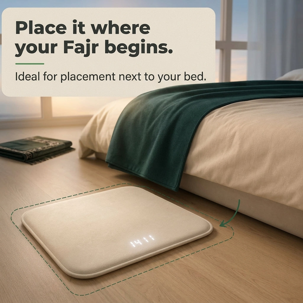 Rise Mat pressure-sensor Fajr alarm mat placed on the floor beside the bed