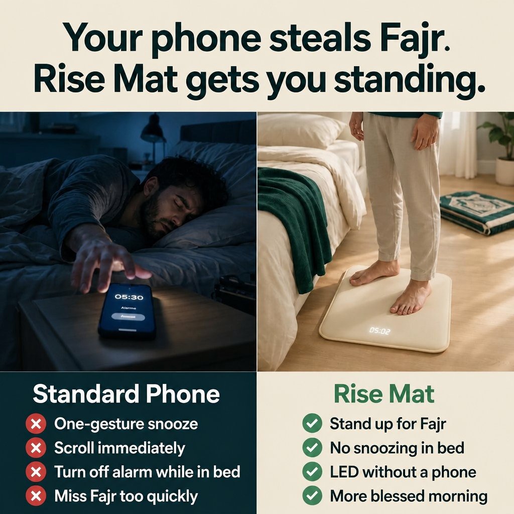 Comparison of snoozing a phone alarm in bed versus standing on the Rise Mat for Fajr