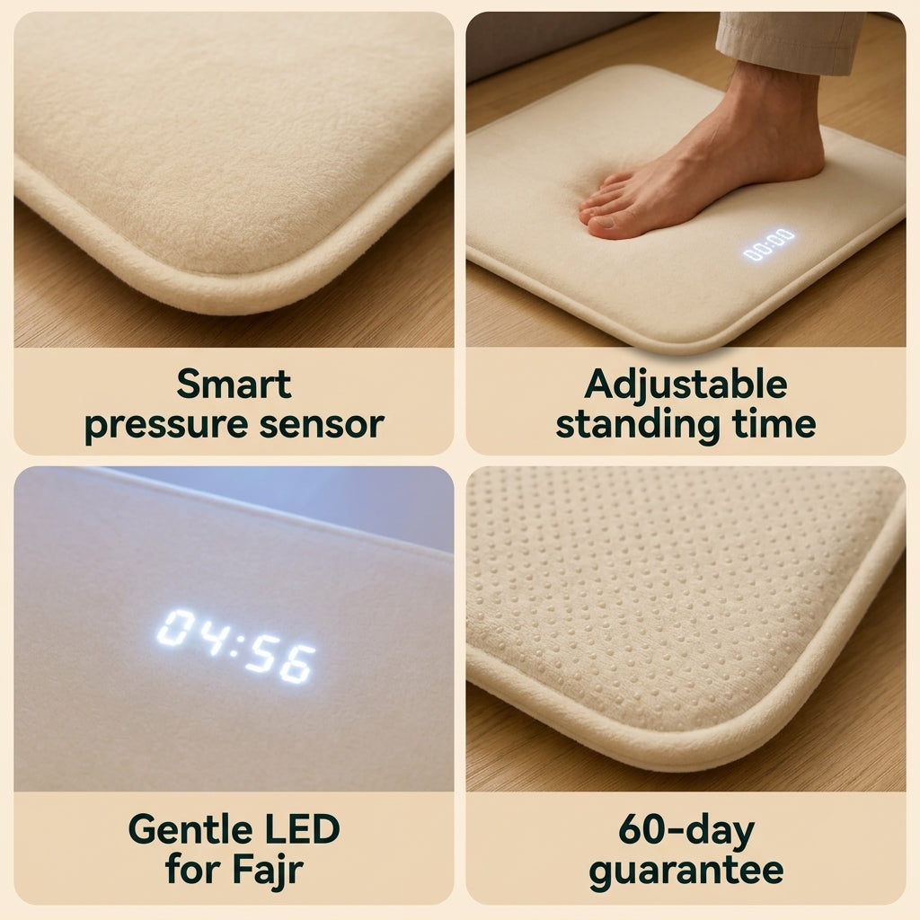 Rise Mat features: smart pressure sensor, adjustable standing time, gentle LED display, 60-day guarantee