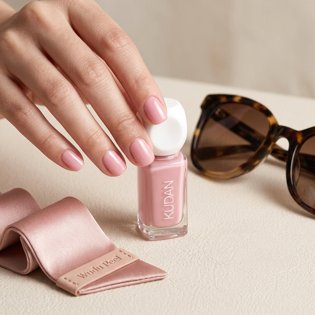 Close-up of dusty pink peel-off nail polish being applied