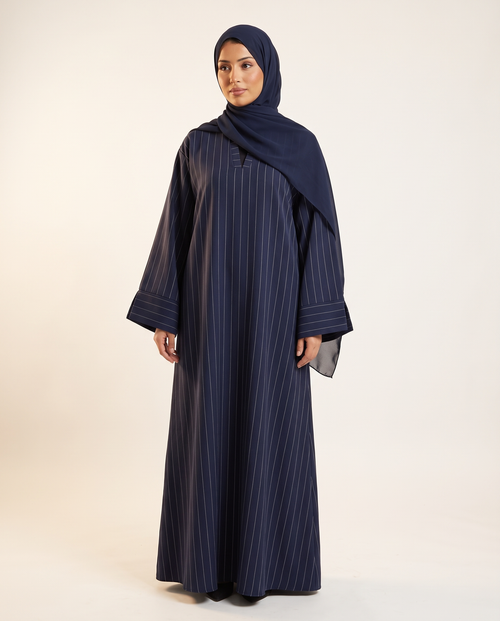 Haya pinstripe abaya in Navy, front view