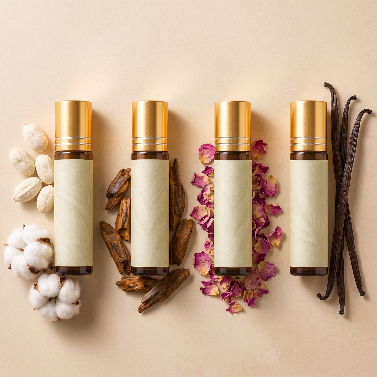 Four Misk attar oil scents: White Musk, Amber Oud, Rose Attar and Vanilla Musk with their ingredients